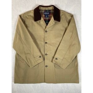 Lands End Mens Khaki Chore Barn Field Jacket Corduroy Collar Plaid Lined‎ XXL